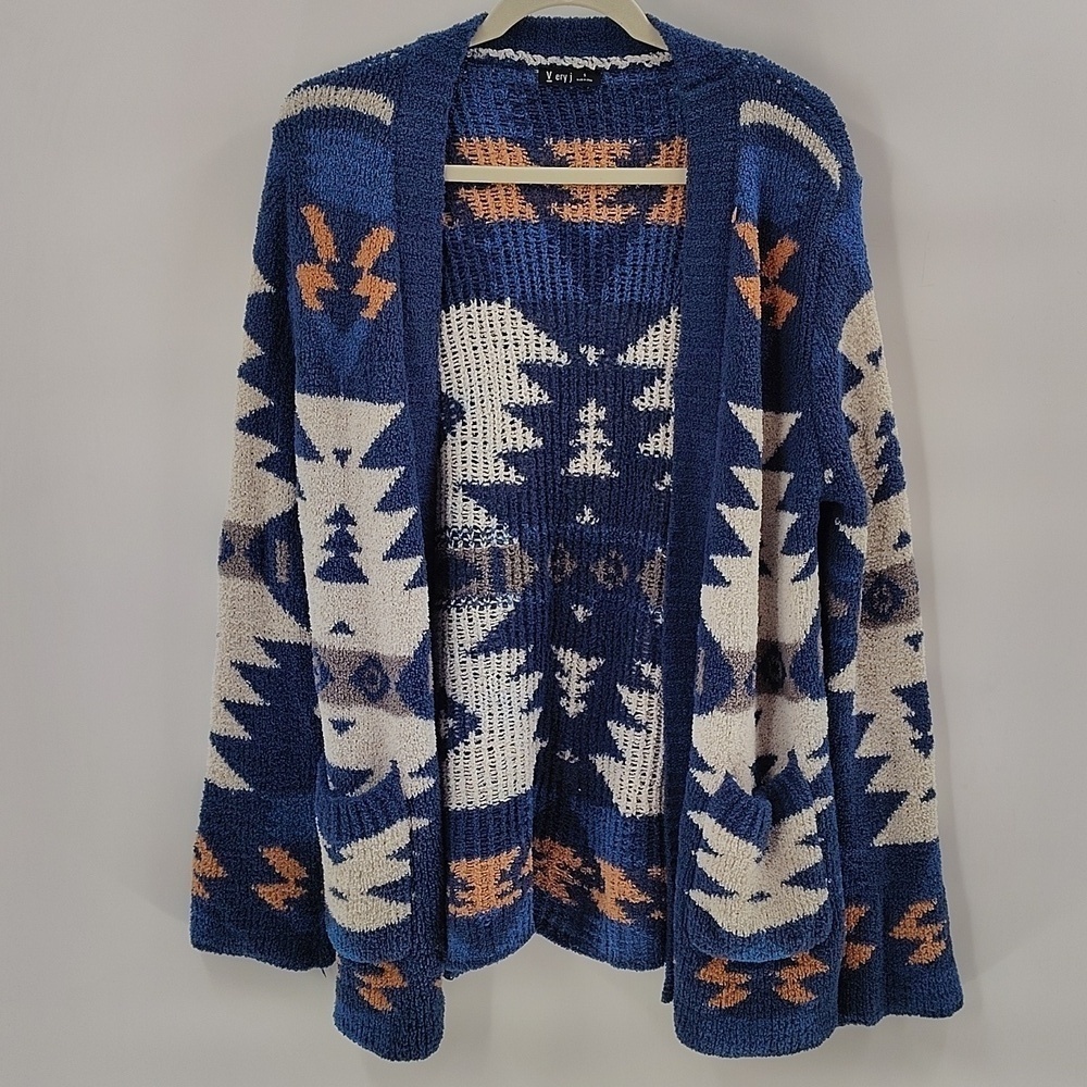 Very J Blue Moraga Pocketed Aztec Open Cardigan Size Small Blue Cream Pink